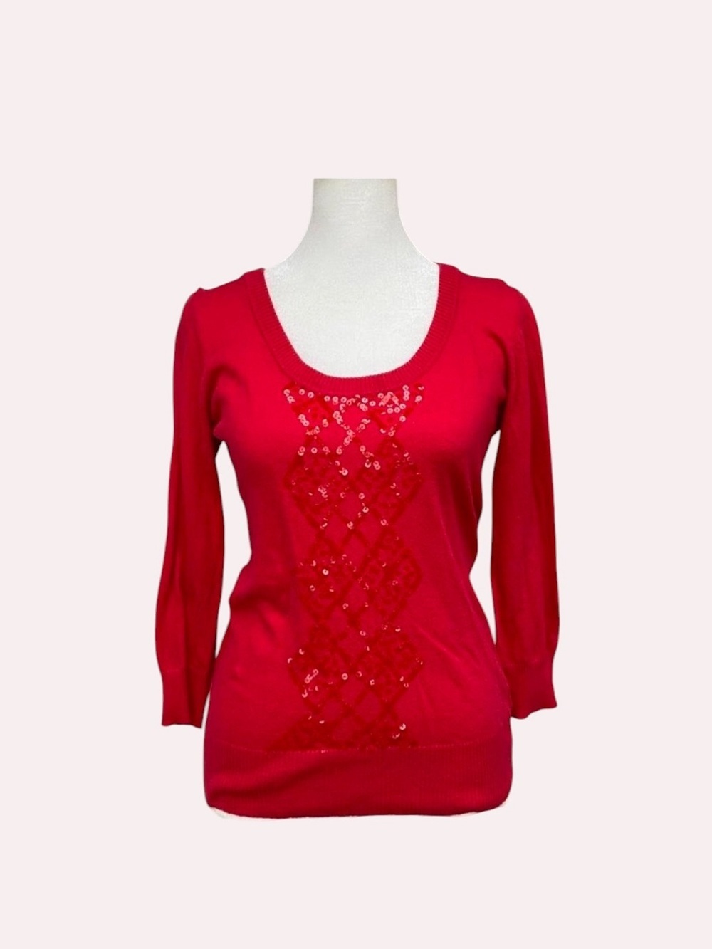 Y2K Forever 21 Red Sequins Sweater Pullover Knit 3/4 Sleeve Festive Christmas L